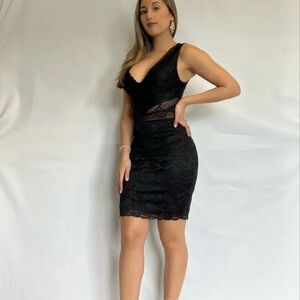 Black Mesh Floral V Neck Dress